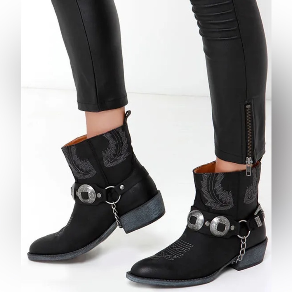 Matisse Black Embroidered Western Harness Ankle Boots